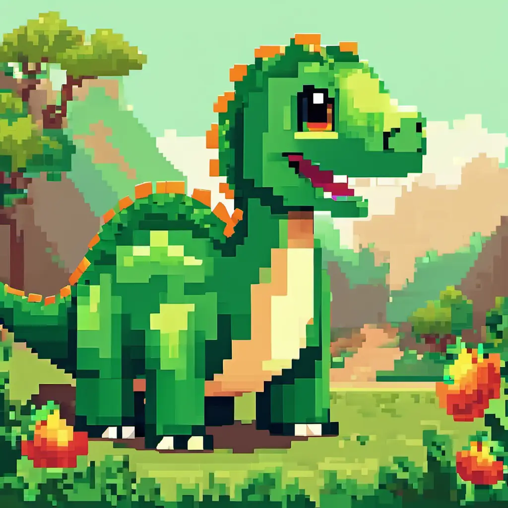 Picture of Small and green dinosaur with big brown eyes smiling, remembering his mom's words