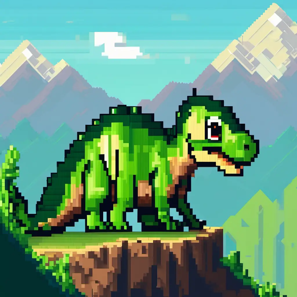 Picture of Small and green dinosaur with big brown eyes beginning to climb the mountain