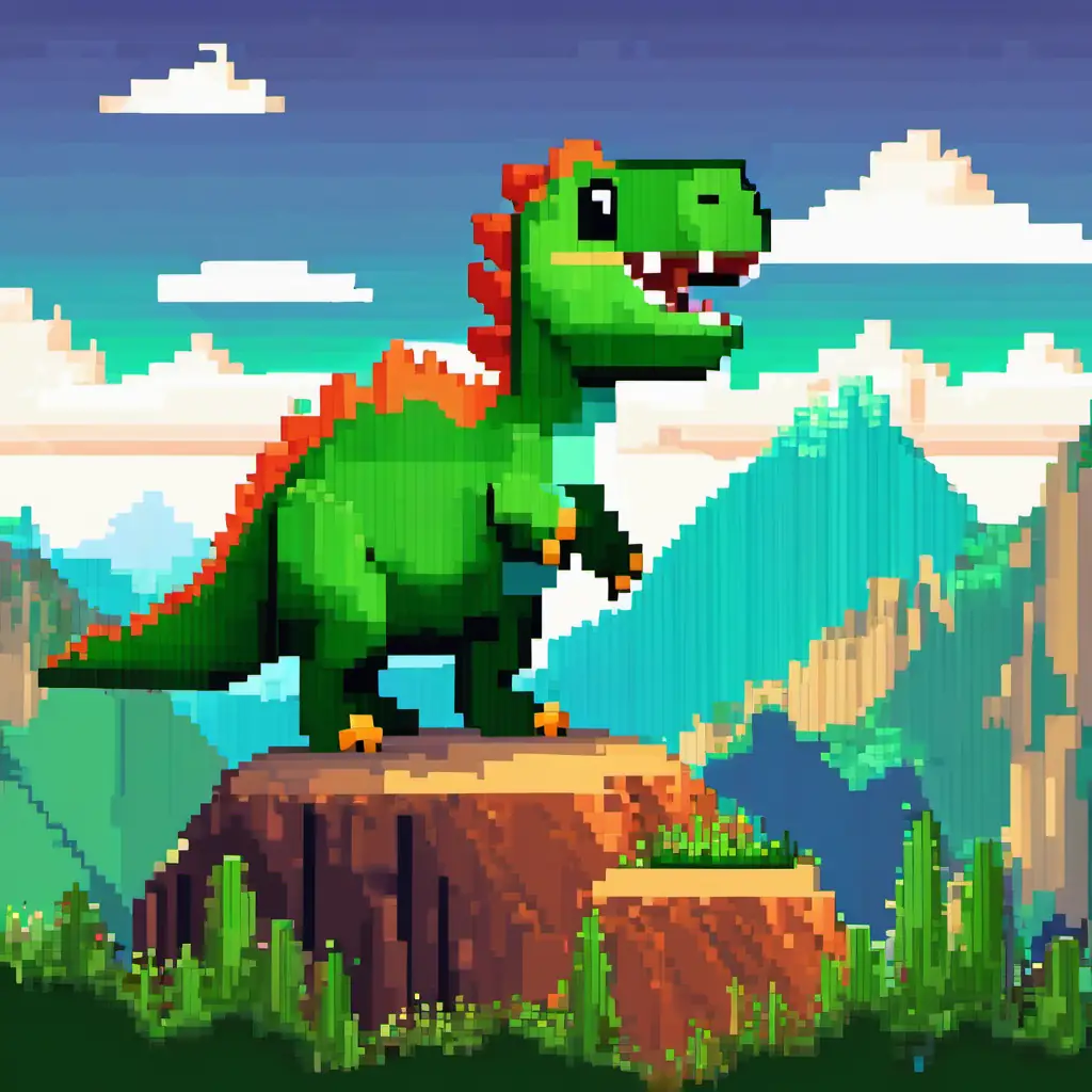 Picture of Small and green dinosaur with big brown eyes at the top of the mountain, looking happy and pointing towards his cave