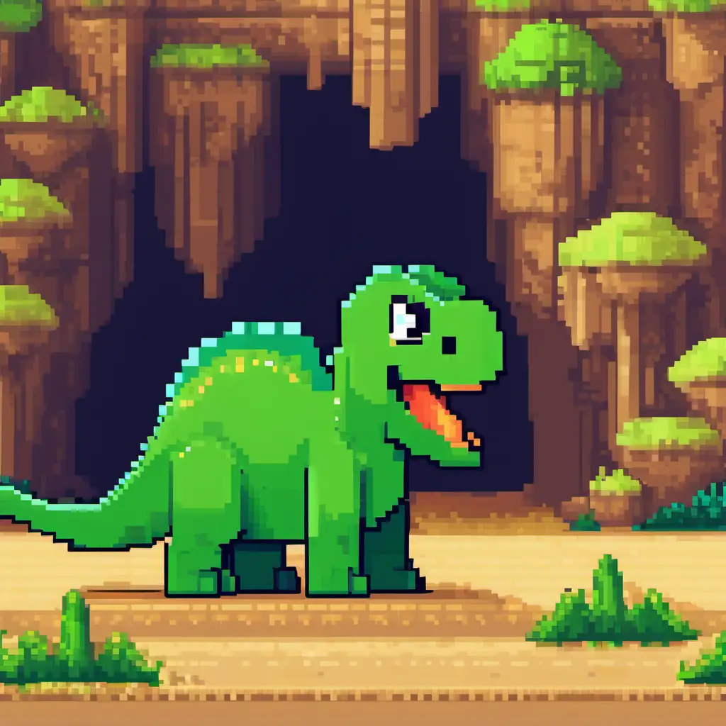 Picture of Small and green dinosaur with big brown eyes walking back to his cave, with a confident expression