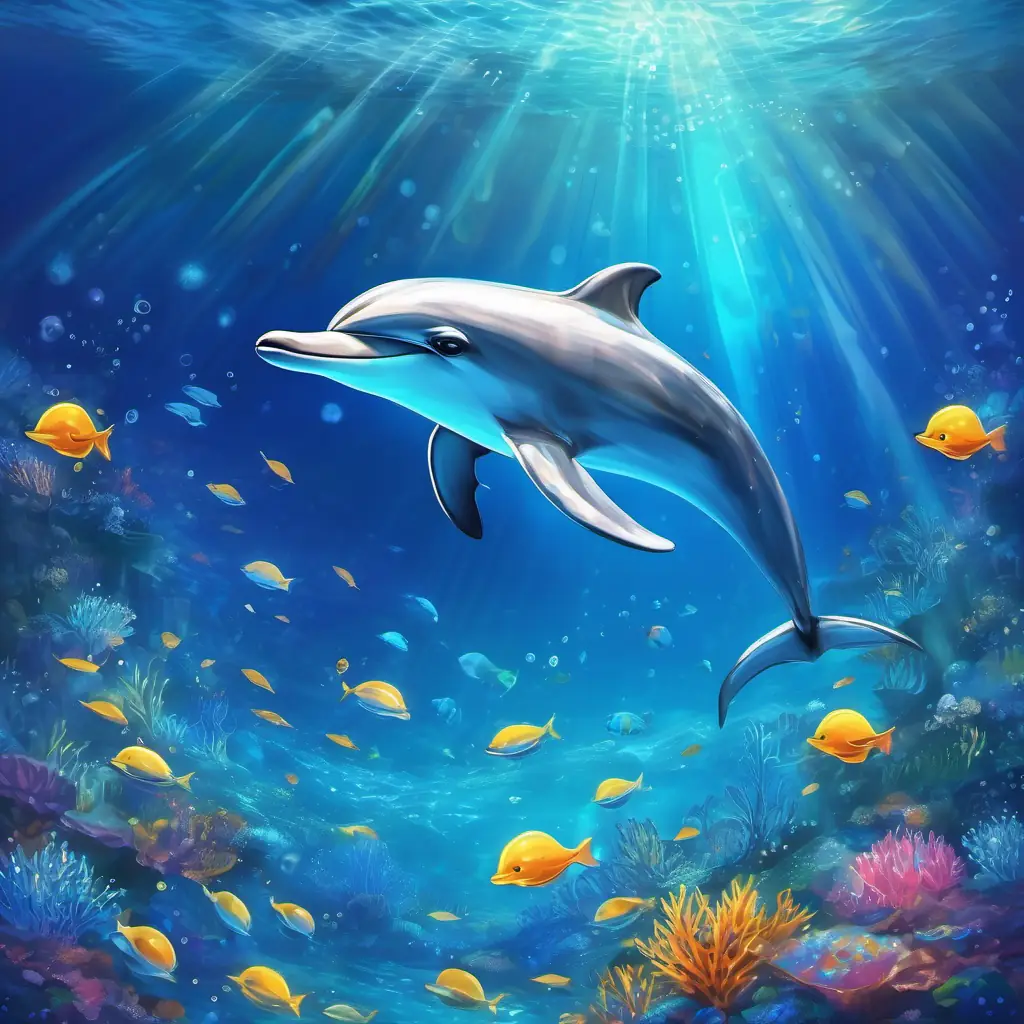 Underwater world, Curious dolphin, blue with sparkly eyes the dolphin, vast sparkling ocean.