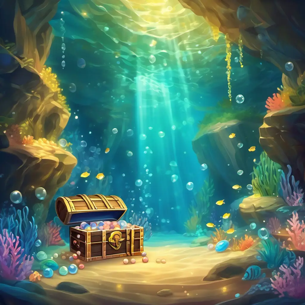 Underwater cave, dazzling treasure chest, shimmering pearls.