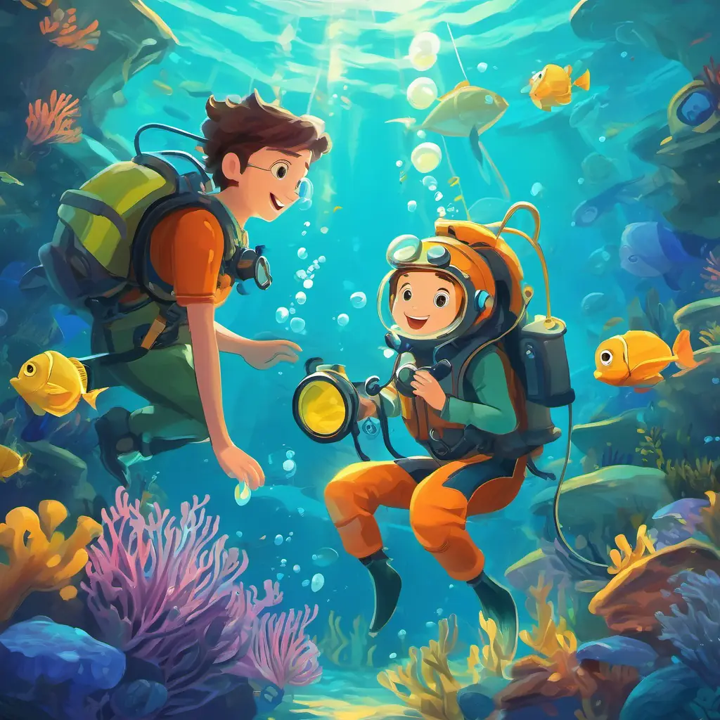 Ocean exploration, friendship, new adventures, playful undersea life.