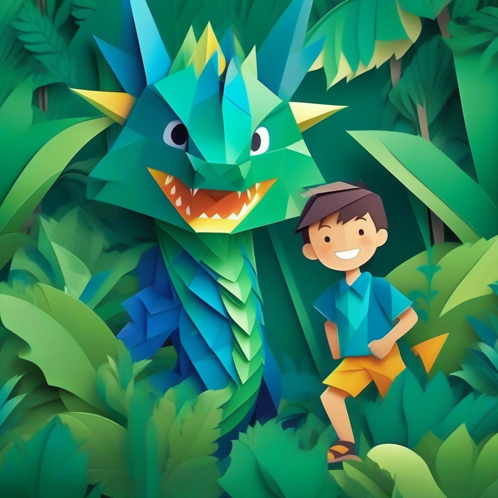 Brave boy with adventurous spirit, wearing green and blue clothes. and Blue dragon with sparkling scales and friendly smile. in the dense jungle with tall trees.