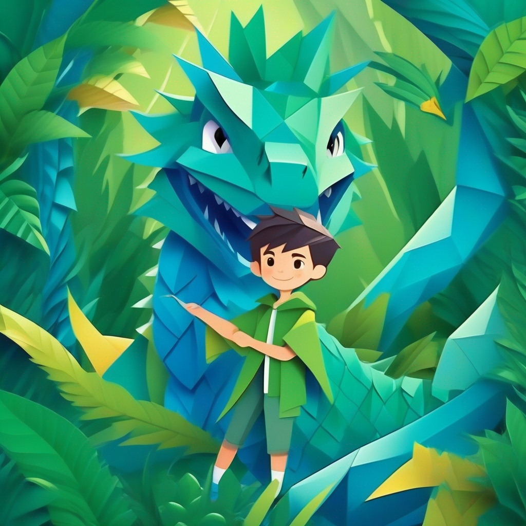 Brave boy with adventurous spirit, wearing green and blue clothes. and Blue dragon with sparkling scales and friendly smile. facing dangerous creatures in the jungle.