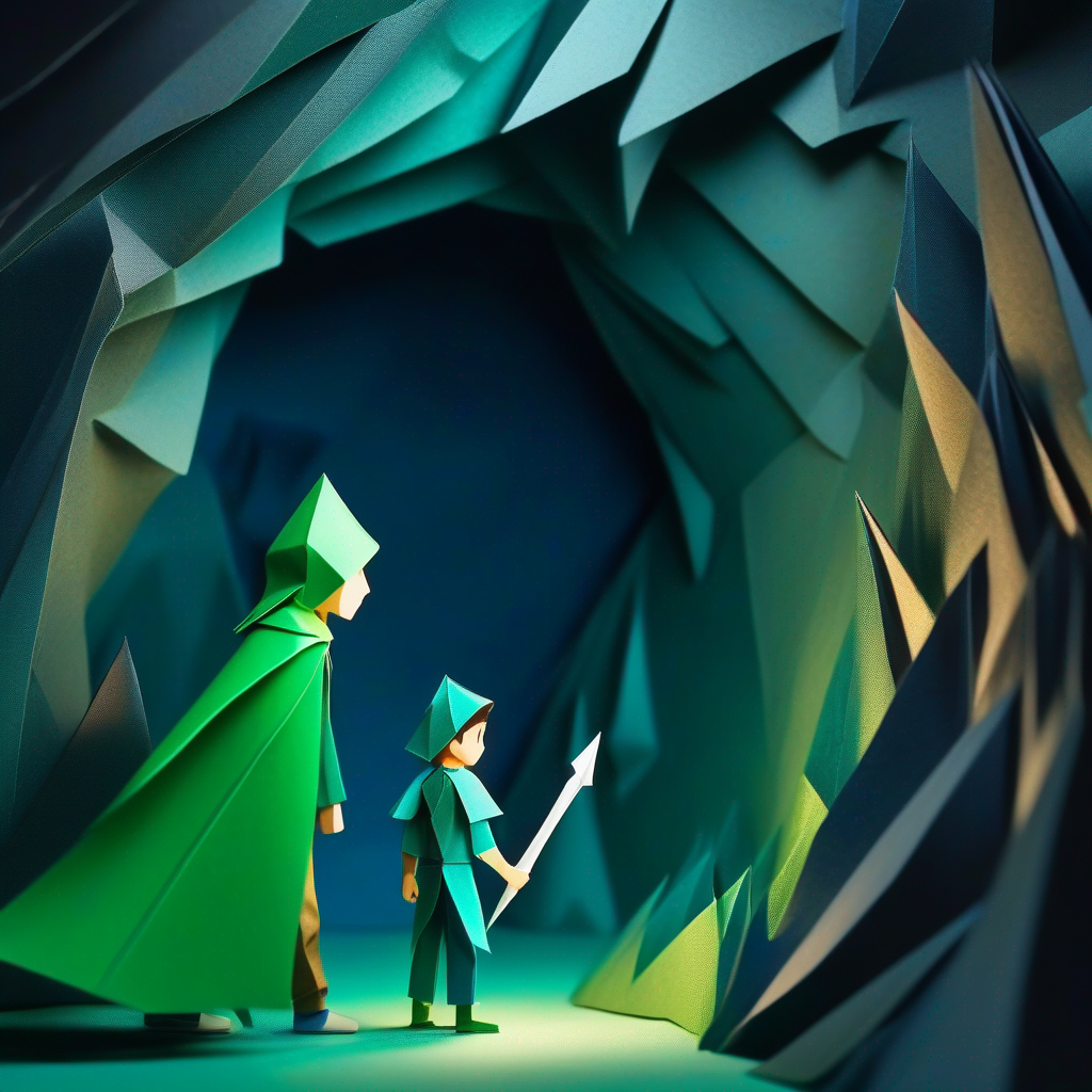 Brave boy with adventurous spirit, wearing green and blue clothes. confronting the evil wizard in the dark cave.
