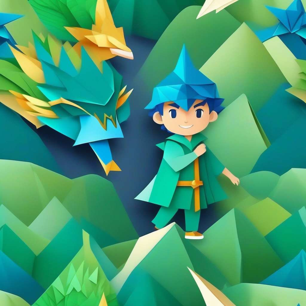 Brave boy with adventurous spirit, wearing green and blue clothes. and Blue dragon with sparkling scales and friendly smile. battling the evil wizard with magic.