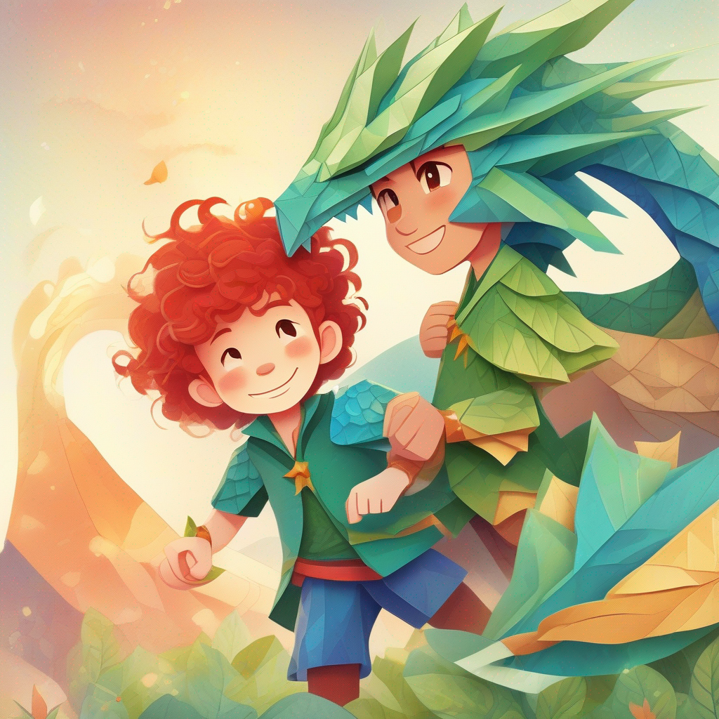 Brave boy with adventurous spirit, wearing green and blue clothes., Blue dragon with sparkling scales and friendly smile., and Alex's sister with a kind heart and curly red hair. reunited as heroes of the land.