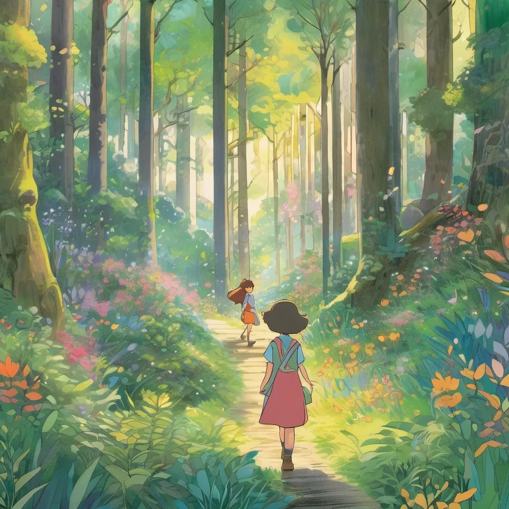 A lush, magical forest with tall trees; a gentle breeze carrying musical notes, while A young girl with sparkling eyes and an adventurous spirit, wearing colorful attire listens closely.