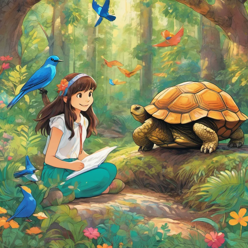 A young girl with sparkling eyes and an adventurous spirit, wearing colorful attire, A wise old tortoise with a friendly face and a determined nature, and A lively bluebird with vibrant feathers and a playful demeanor sitting under a large tree, smiling and chatting in a now vibrant and lush forest.