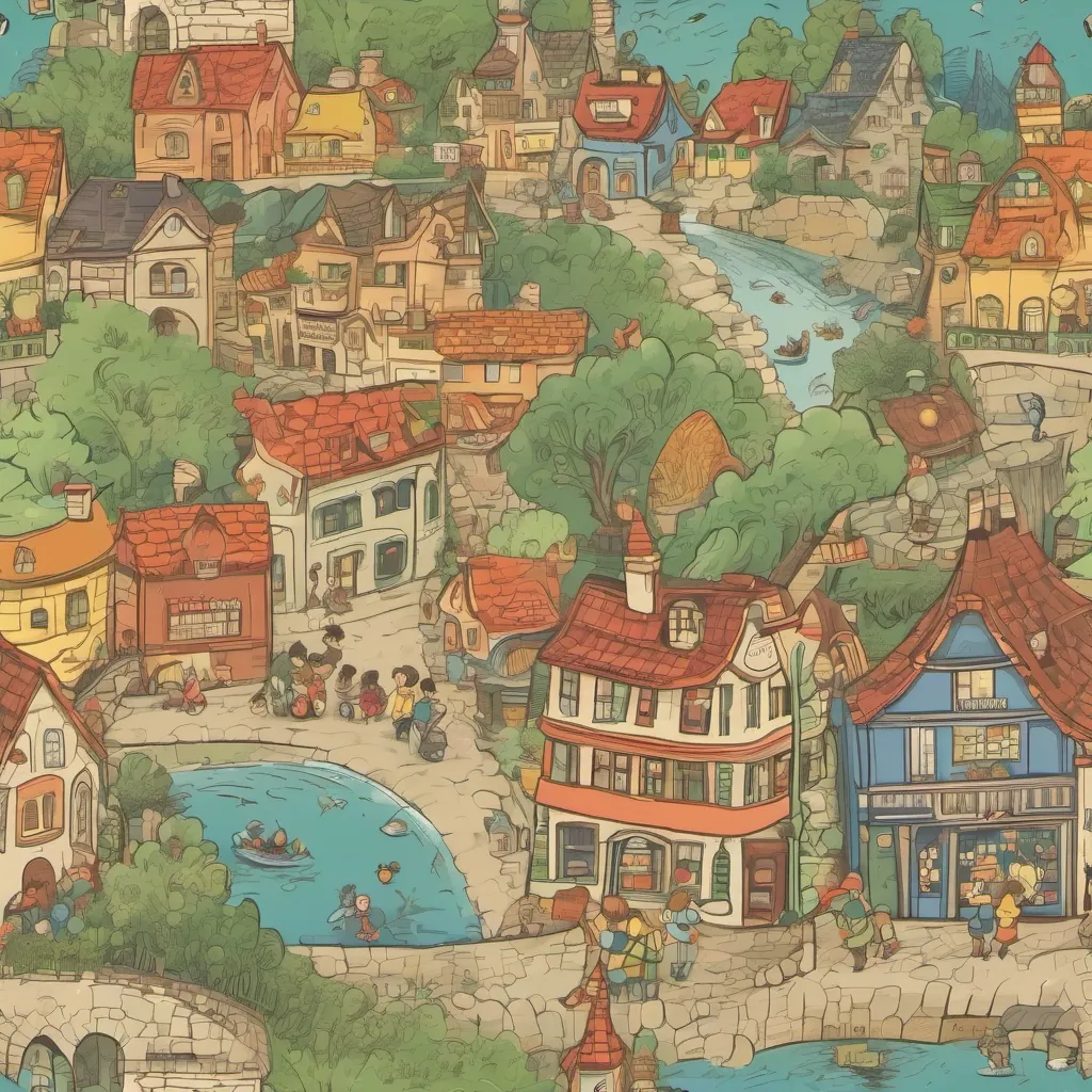 A whimsical portrayal of the town with kids and animals laughing and playing, with words symbolizing riddle solving around.