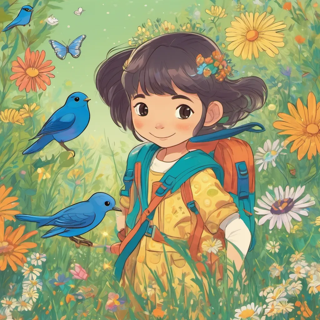 A vibrant meadow with daisies and butterflies; A young girl with sparkling eyes and an adventurous spirit, wearing colorful attire, a tortoise, and a bluebird journeying together.