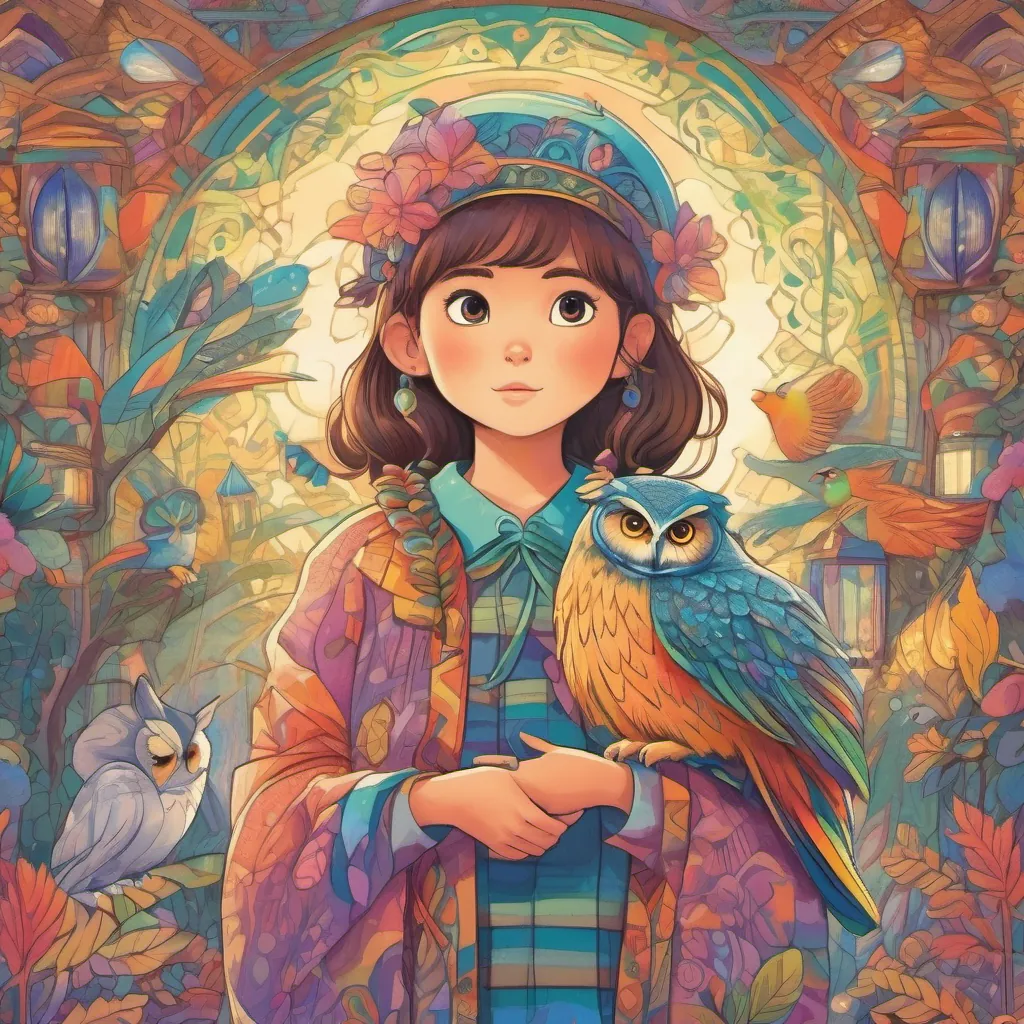 A close-up of the wise owl, speaking a riddle, with A young girl with sparkling eyes and an adventurous spirit, wearing colorful attire and her animal friends pondering.