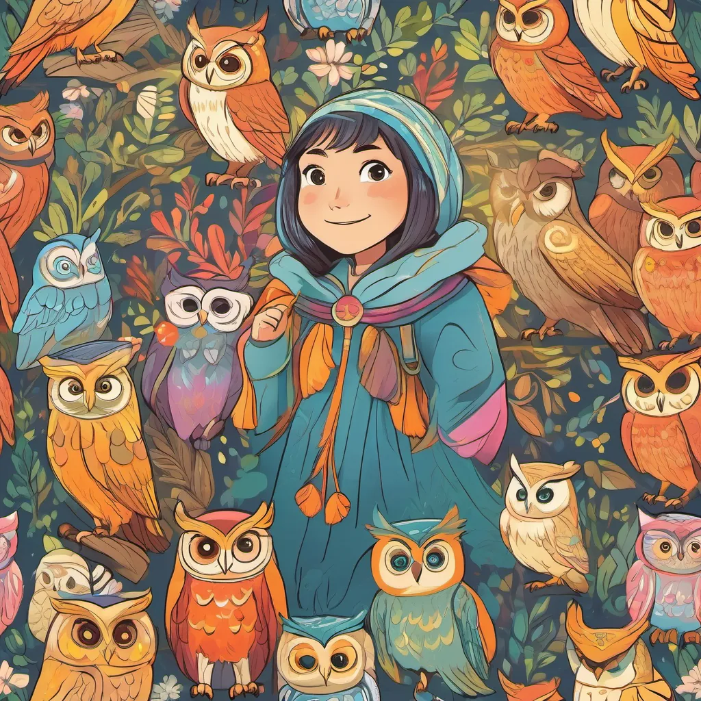 A young girl with sparkling eyes and an adventurous spirit, wearing colorful attire with a bright smile and animated gesture, rejoicing as An elder owl with wise, thoughtful eyes perched in the forest the owl hoots happily.