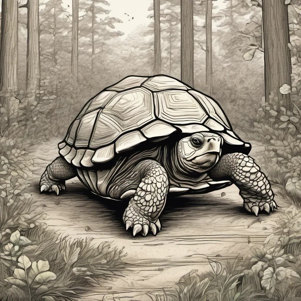 A wise old tortoise with a friendly face and a determined nature the Tortoise moving closer, pointing towards small acorns sprinkled on the forest ground.