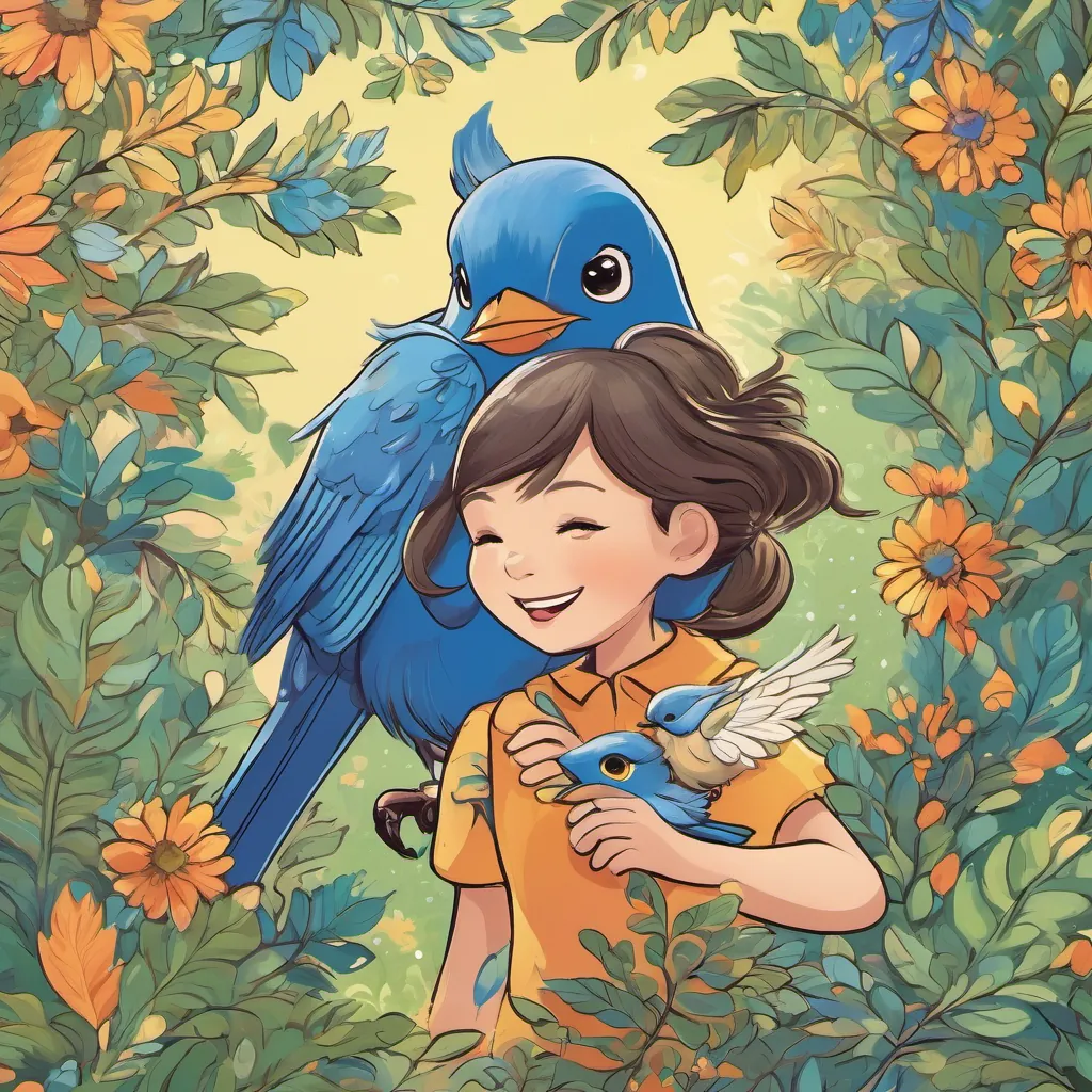 A lively bluebird with vibrant feathers and a playful demeanor the Bluebird excitedly flapping her wings next to A young girl with sparkling eyes and an adventurous spirit, wearing colorful attire, showing enthusiasm to plant acorns.