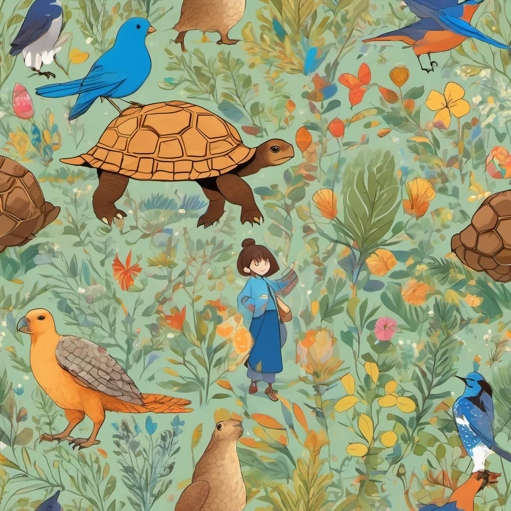 A young girl with sparkling eyes and an adventurous spirit, wearing colorful attire, A wise old tortoise with a friendly face and a determined nature, and A lively bluebird with vibrant feathers and a playful demeanor planting acorns, surrounded by happy forest animals clapping and cheering.