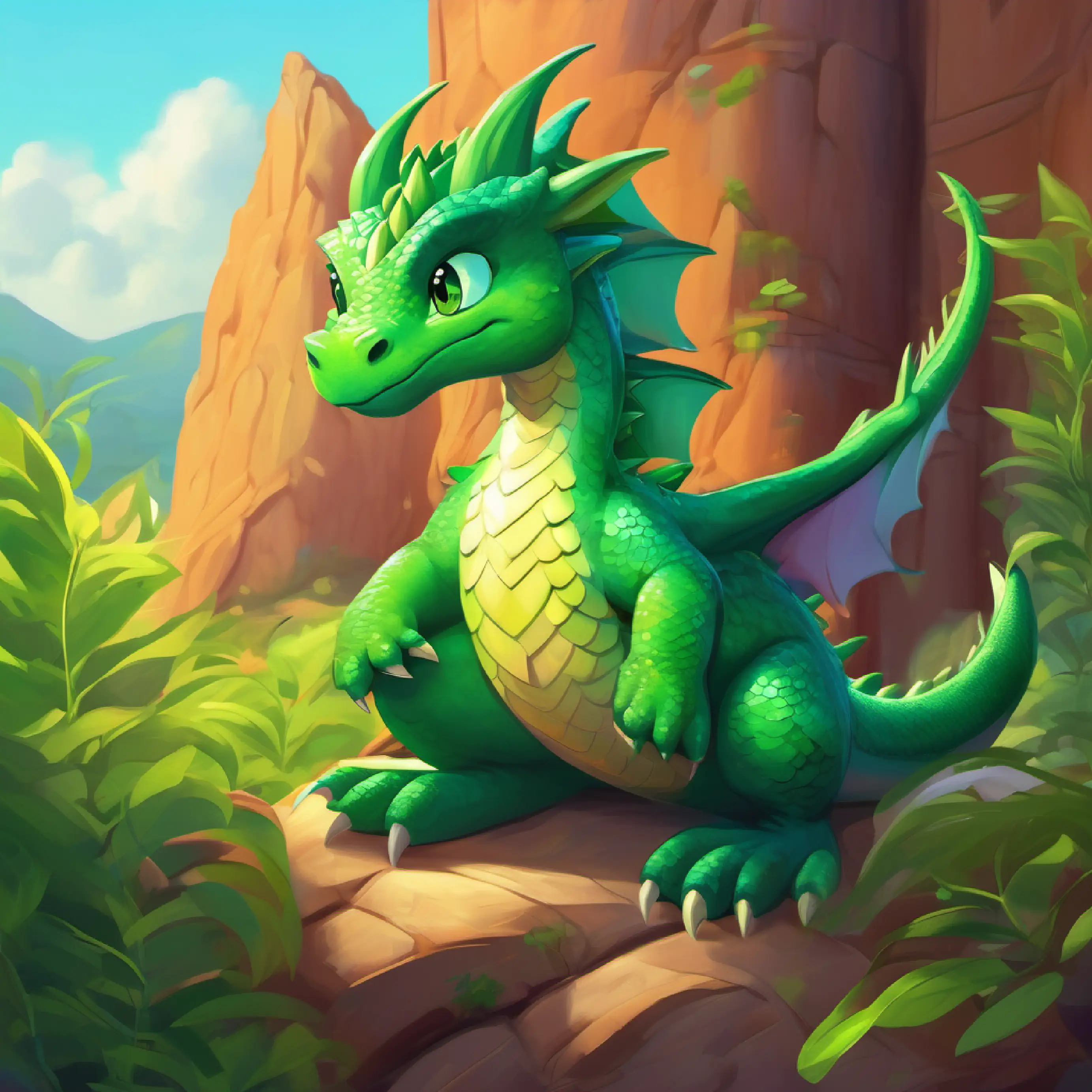 Introduction to Young dragon, small, green scales, kind eyes, in vibrant DracoLand, feeling sad.