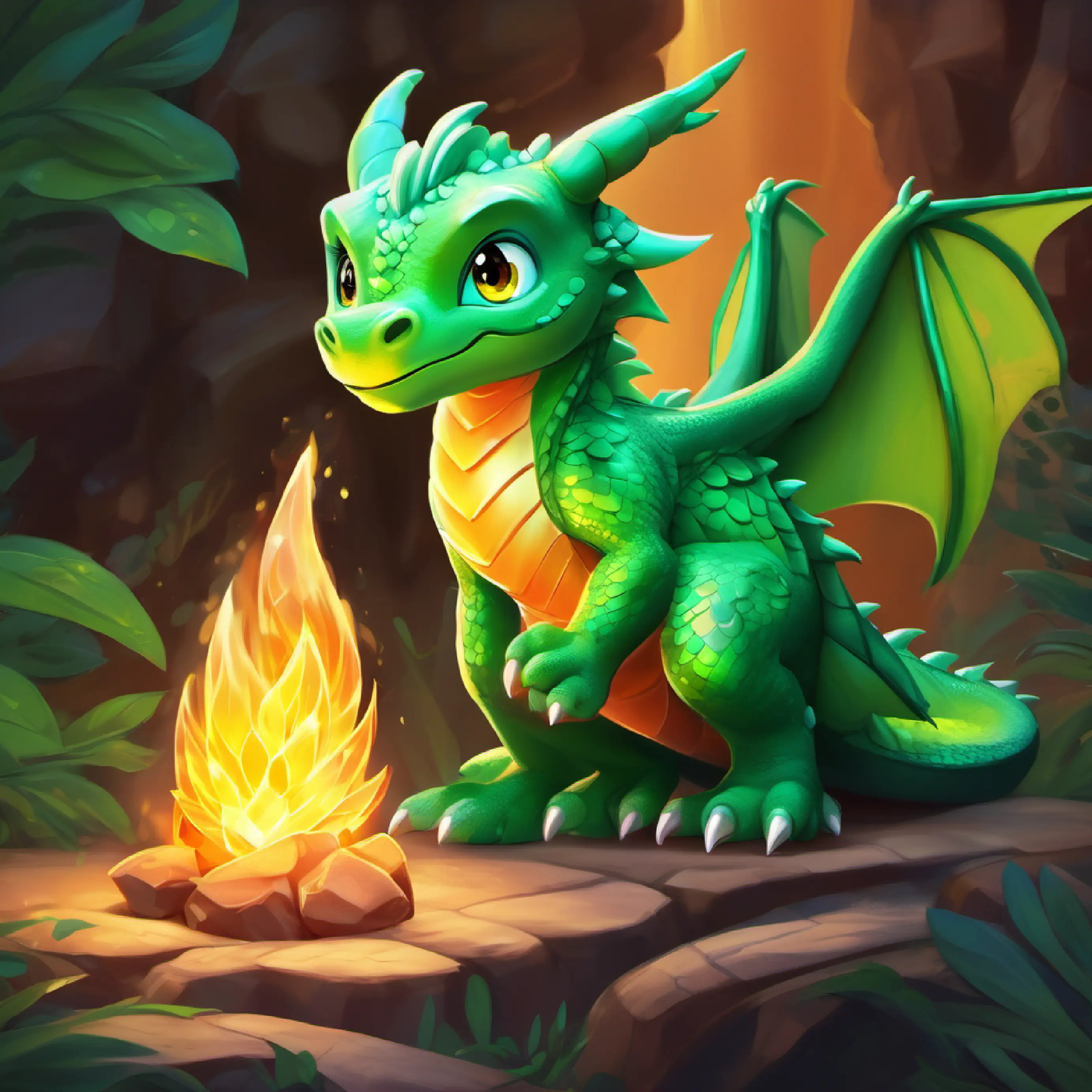 Young dragon, small, green scales, kind eyes learns of the Fire Crystal, decides to find it, prepares for journey.