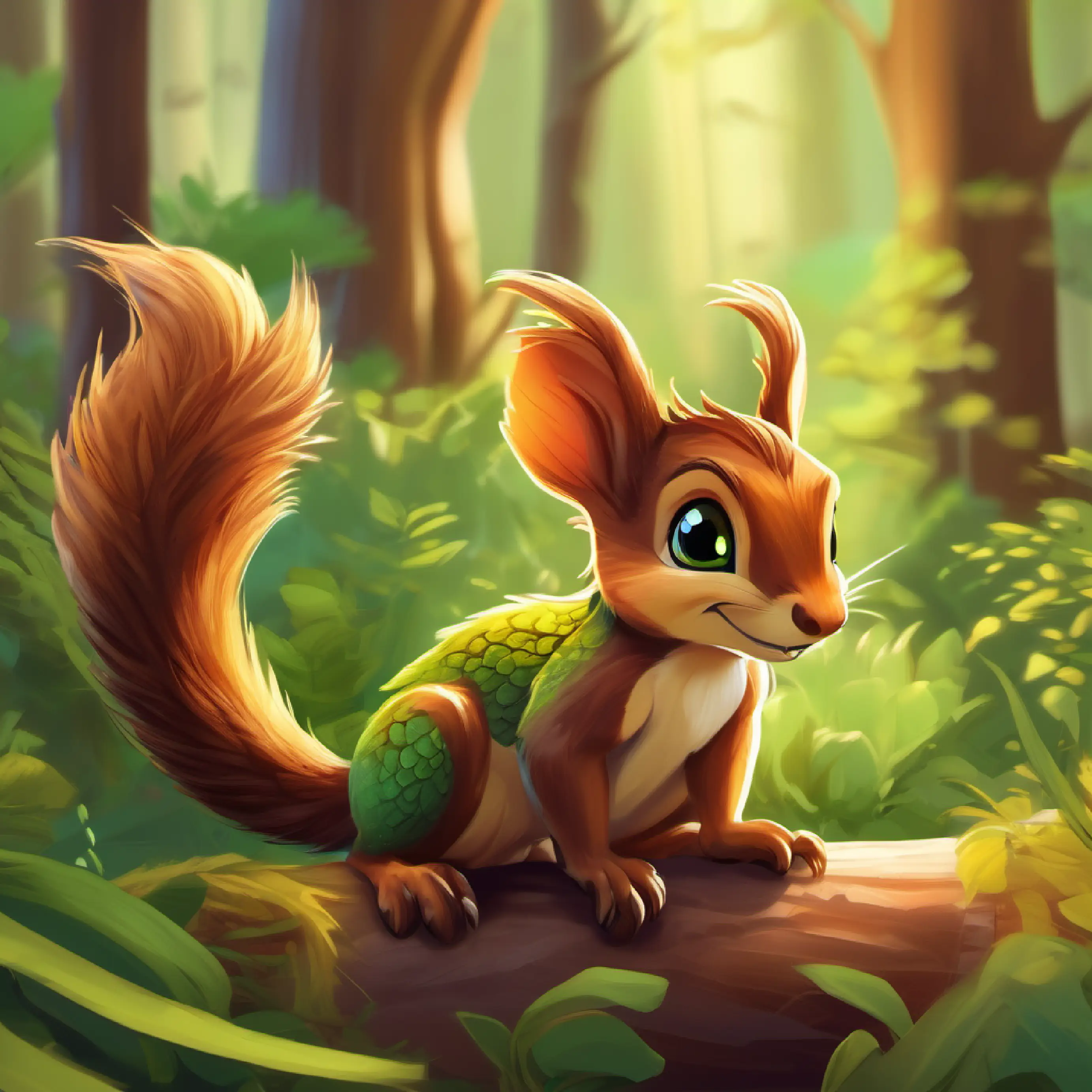 Young dragon, small, green scales, kind eyes in the woods, meets Chatty squirrel, brown, fluffy, tiny paws, alert eyes the squirrel, they become friends.