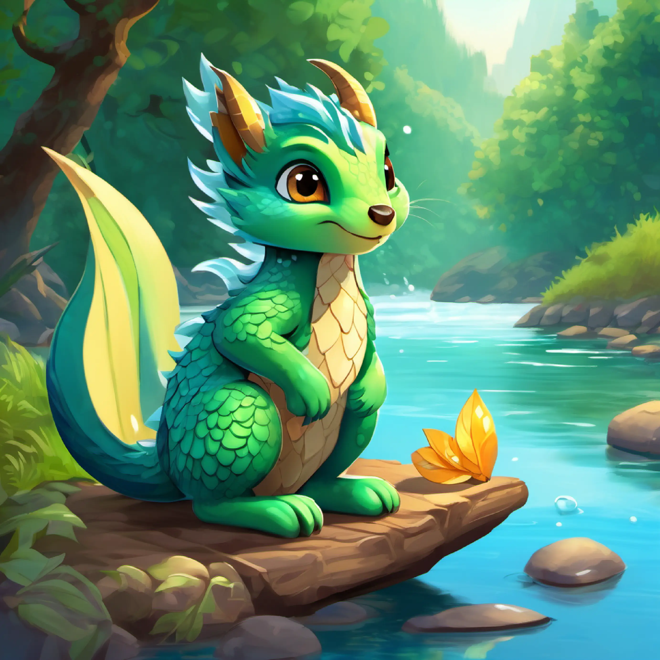 Young dragon, small, green scales, kind eyes and Chatty squirrel, brown, fluffy, tiny paws, alert eyes at the river, they meet Water sprite, blue skin, shimmering hair, crystal blue eyes who helps them cross.