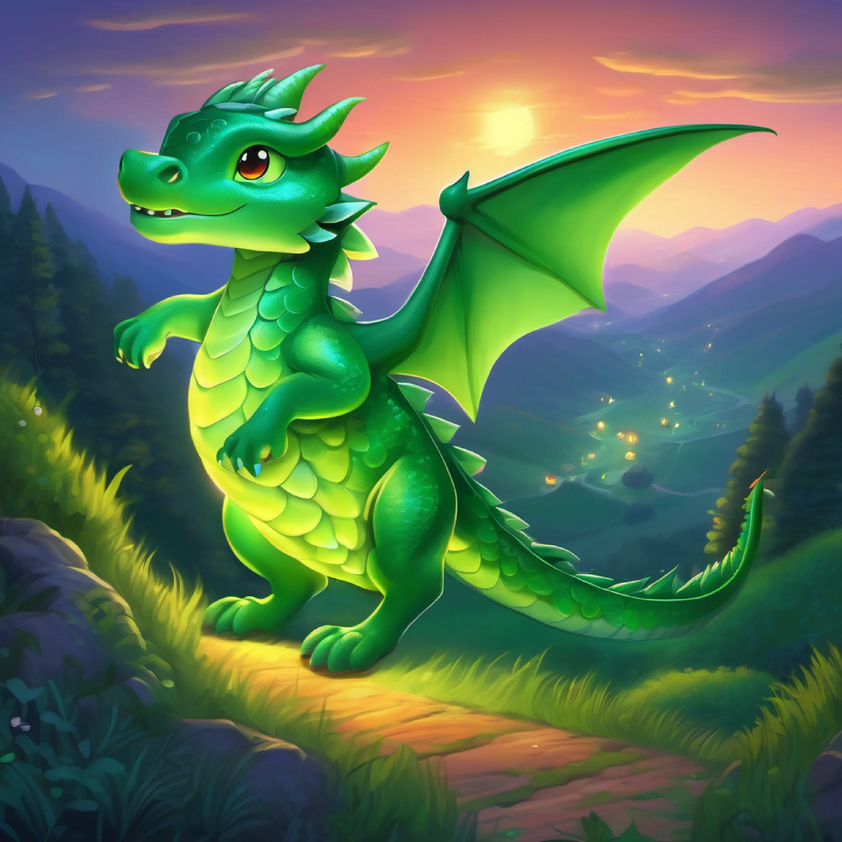Ascending hills, they discover firefly dance, Young dragon, small, green scales, kind eyes glows with joy.
