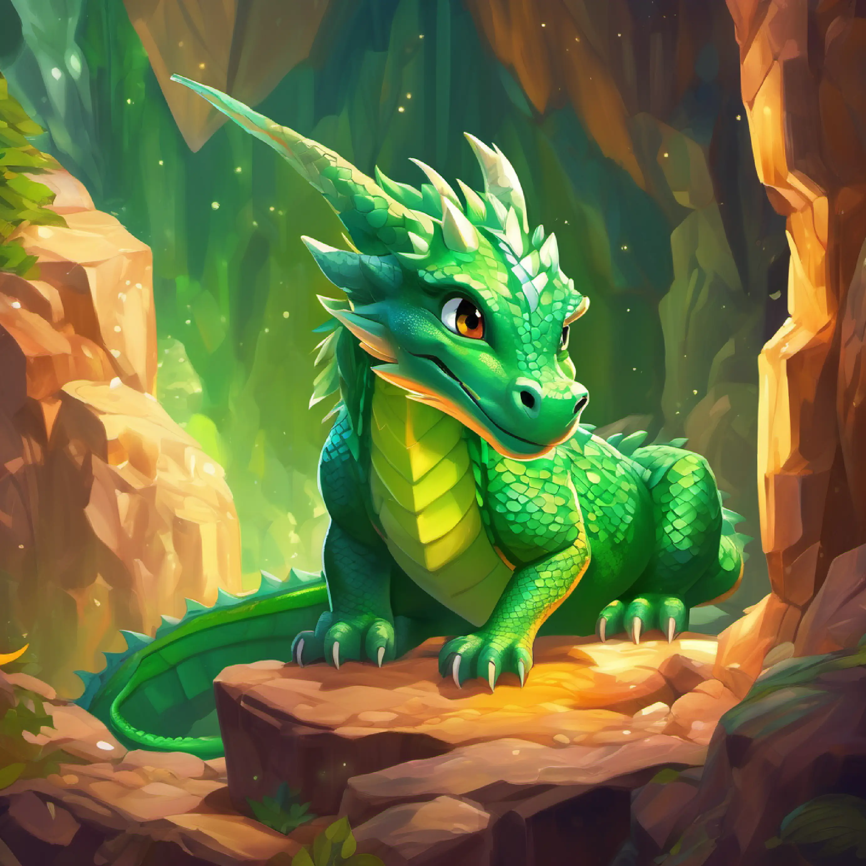 Reaching Crystal Cave, Young dragon, small, green scales, kind eyes discovers the truth about his inner fire.