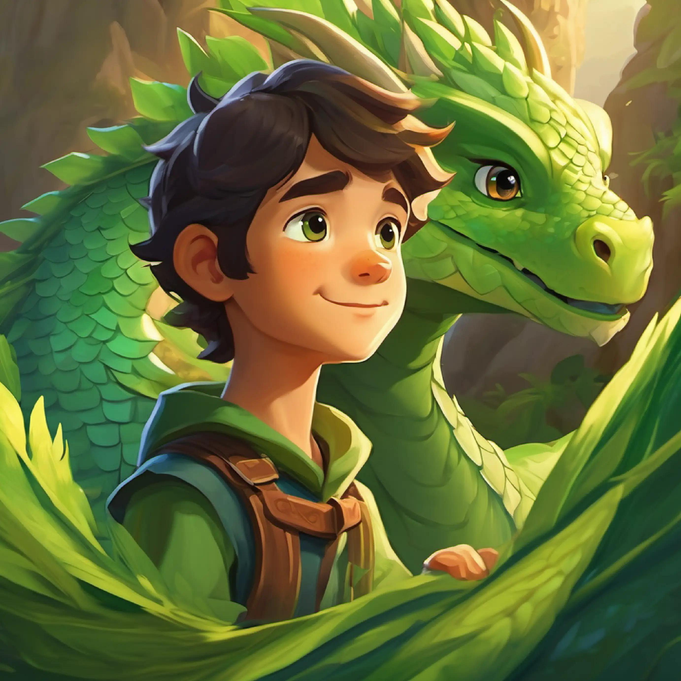 Homecoming as heroes, valley celebration, Young dragon, small, green scales, kind eyes accepts his uniqueness.