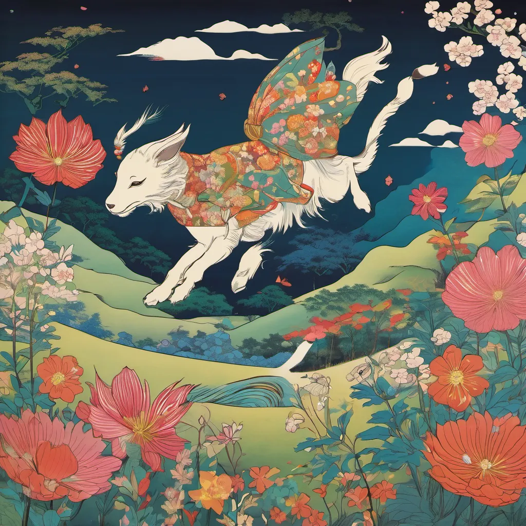 A playful magical creature leaping and spinning in a lush, colorful meadow filled with dreamlike flowers and whimsical elements.