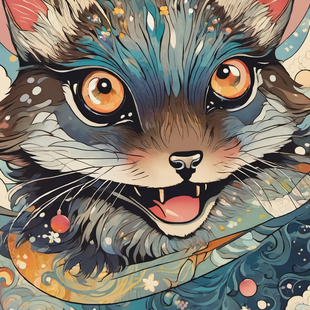 Close-up of A tiny, magical creature with colorful fur, big curious eyes, and whimsical features, full of playful energy’s heavy eyelids half-closed, showing contentment under a dreamy moonlit sky.