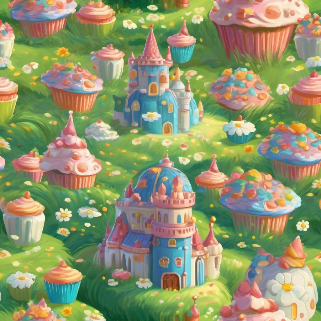 A whimsical kingdom with fields of daisies and a castle made of colorful cupcakes under a bright sky.