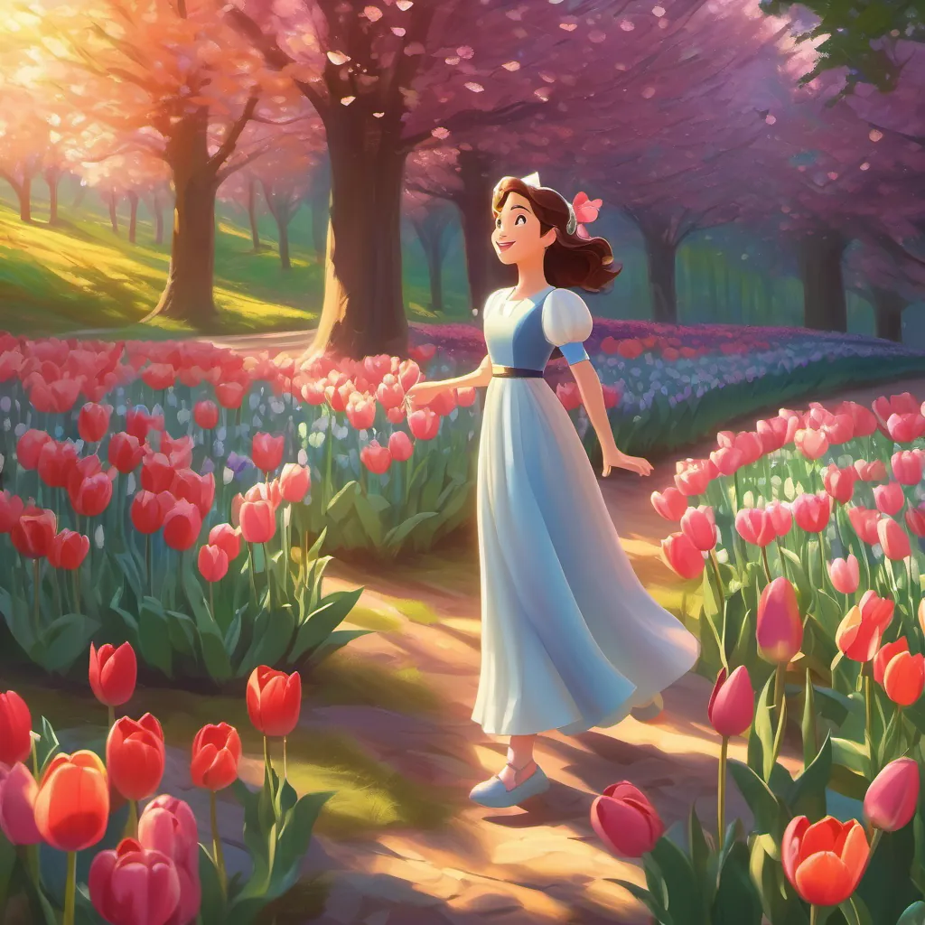 A princess skipping through a field of vibrant tulips, singing merrily as sunlight filters through the leaves.