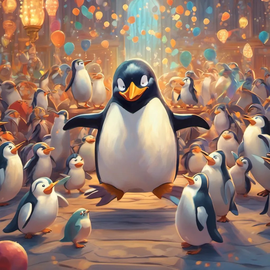 A gleeful penguin regaining his rhythm, surrounded by dancing creatures and an applauding princess.