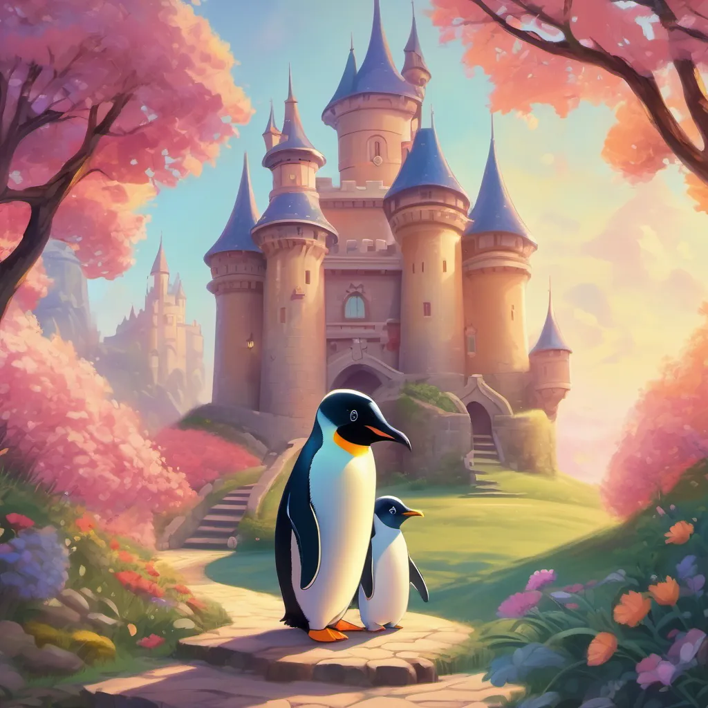 A peaceful, colorful morning scene in Whimsy with the princess and penguin smiling together in front of a castle.