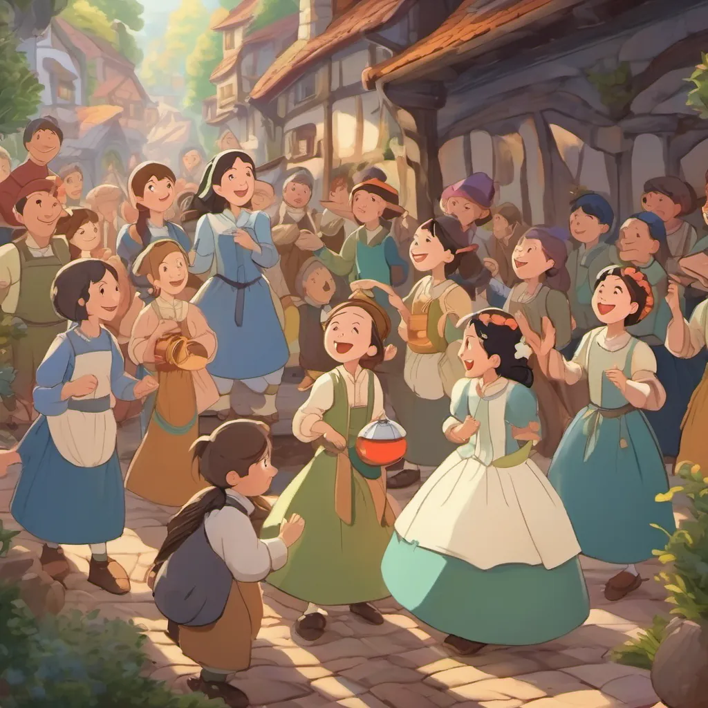 Enthusiastic townsfolk gathered around a princess with an open smile and singing joyfully.