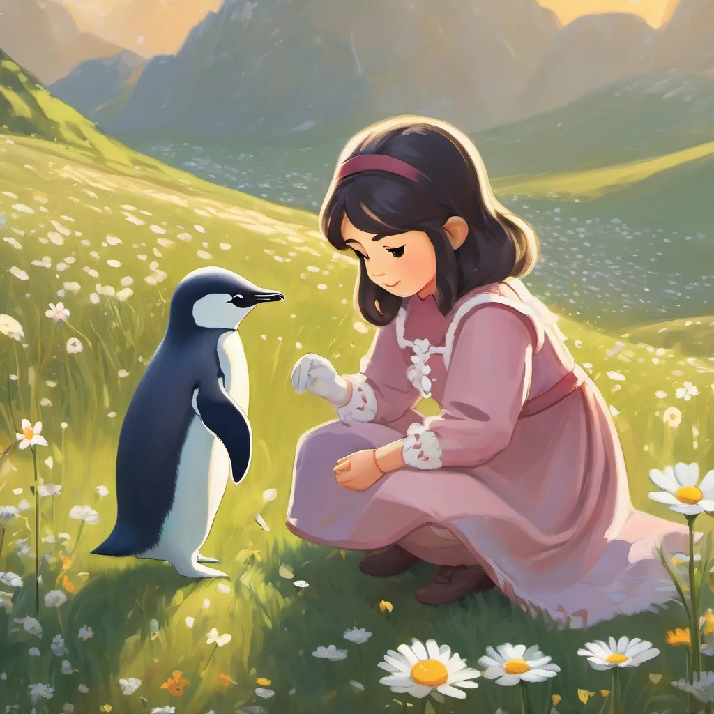 A curious princess kneeling beside a small penguin with a puzzled expression in a daisy-filled meadow.