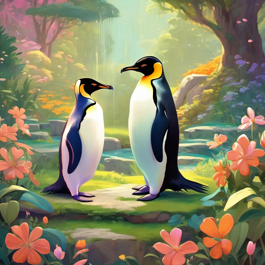 A despondent penguin with drooping wings, explaining his plight to the princess, set against a colorful garden backdrop.