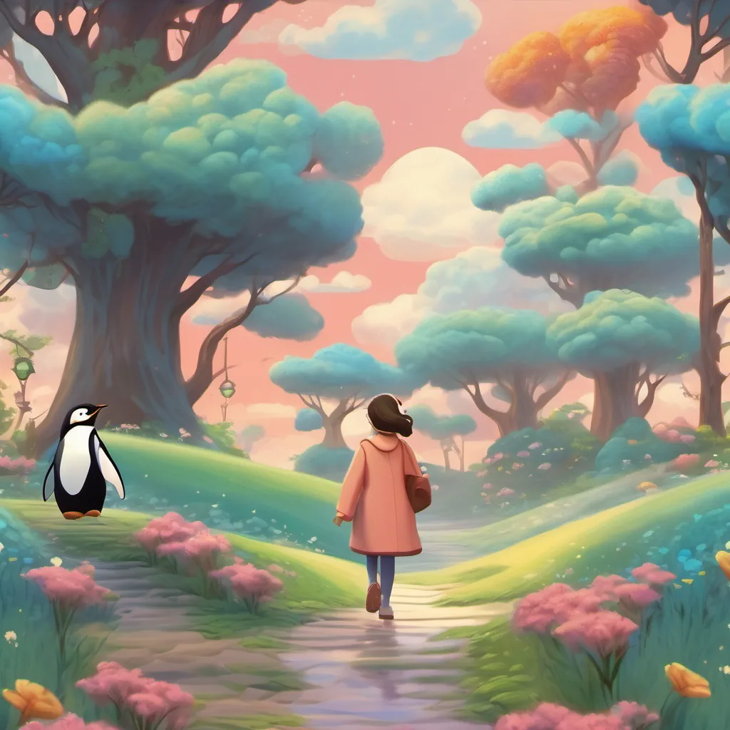 A princess and a penguin embarking on an adventurous quest, walking through dreamy landscapes of clouds and whimsical trees.