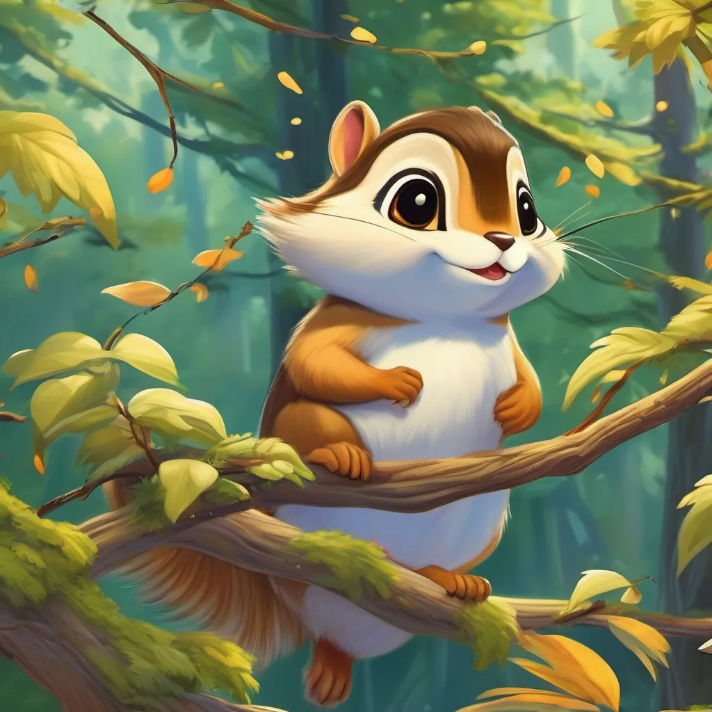 A lively chipmunk perched on a tree branch, laughing as the princess and penguin pass beneath in a forest of animated trees.