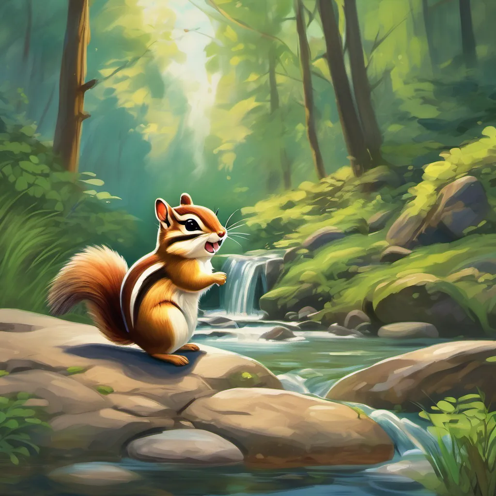 A chipmunk gesturing towards a babbling brook, laughing gently amidst a forest clearing with a stream trickling by.