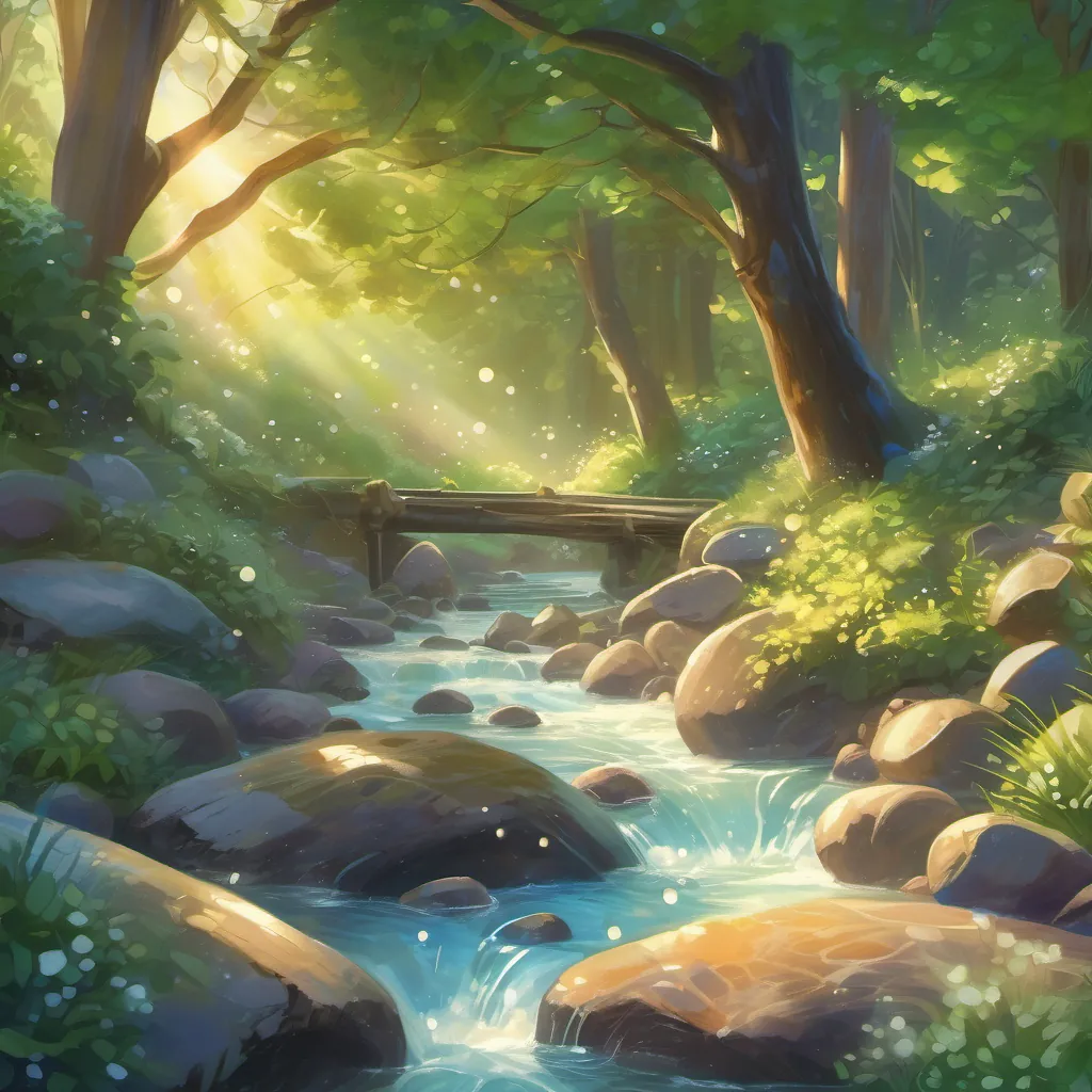 A sparkling pebble glistening in a bubbly brook as beams of sunlight create a magical, playful scene.