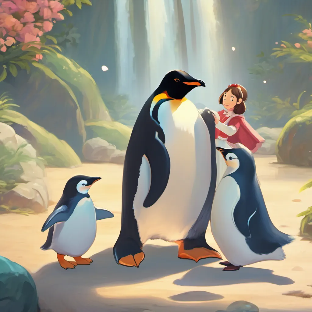 A joyous reunion scene with a penguin holding a pebble happily, with the princess smiling warmly beside.