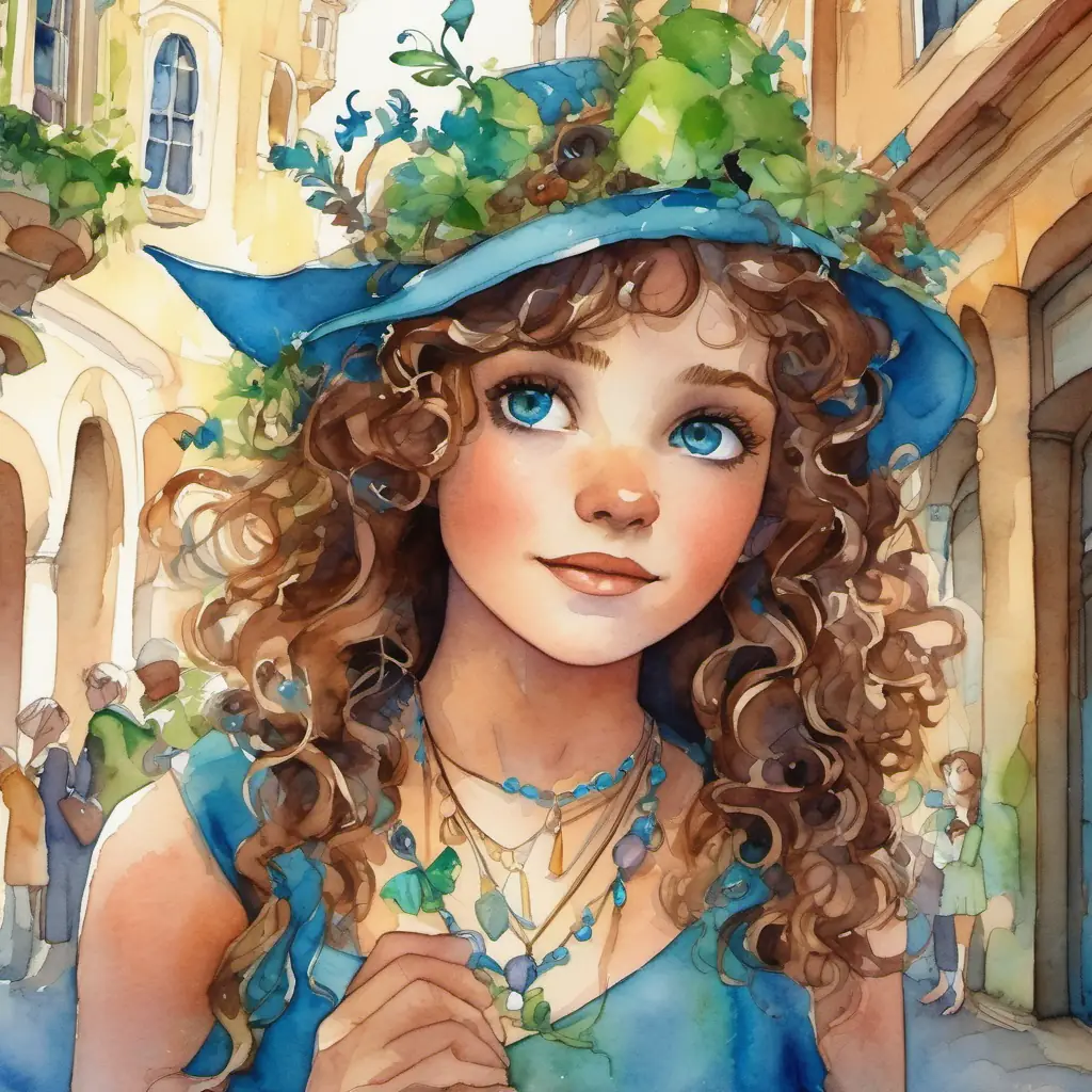 Curly brown hair, bright blue eyes Wears a magic necklace arrives in the town square, sees Small, green creatures with pointy ears and sharp teeth causing chaos, remembers they are scared of loud noises, claps her hands and stomps her feet to scare them away