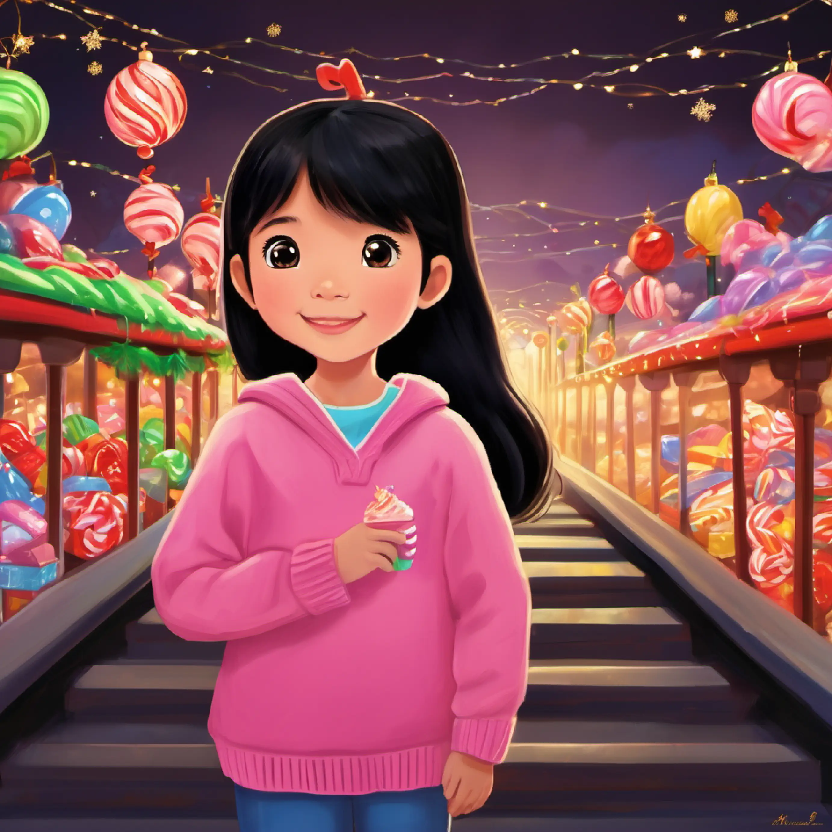 Cindy, with a proud and happy expression, successfully crossing the candy cane bridge. The image should emphasize her realization about the importance of honesty and the positive outcome. Perhaps include subtle elements representing strengthened friendships.