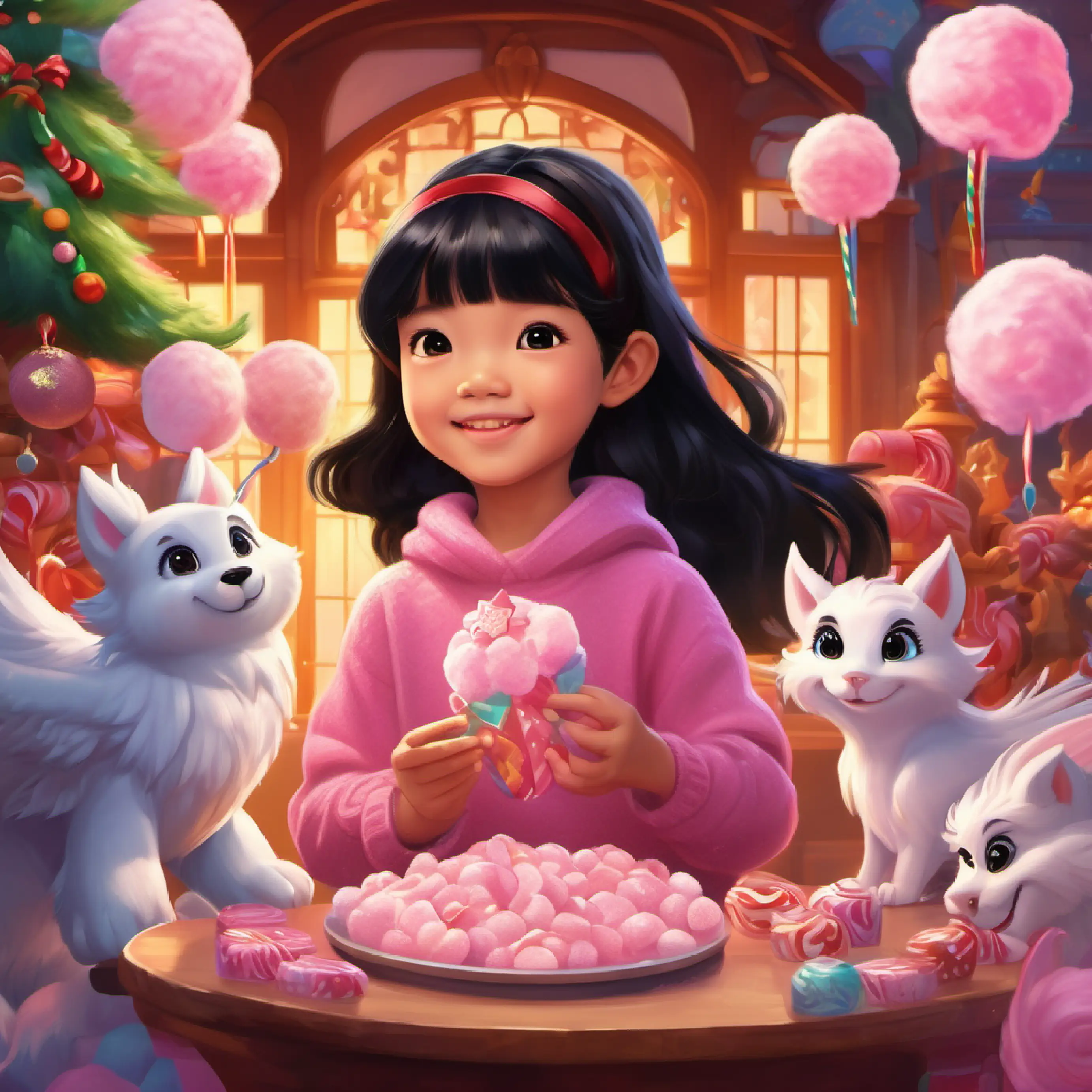 Cindy and Lulu shaking paws and wings with the Cotton Candy Guardian Dragon. They agree to keep the Candy Kingdom a secret and set off to explore. Magical candy creatures surround them.