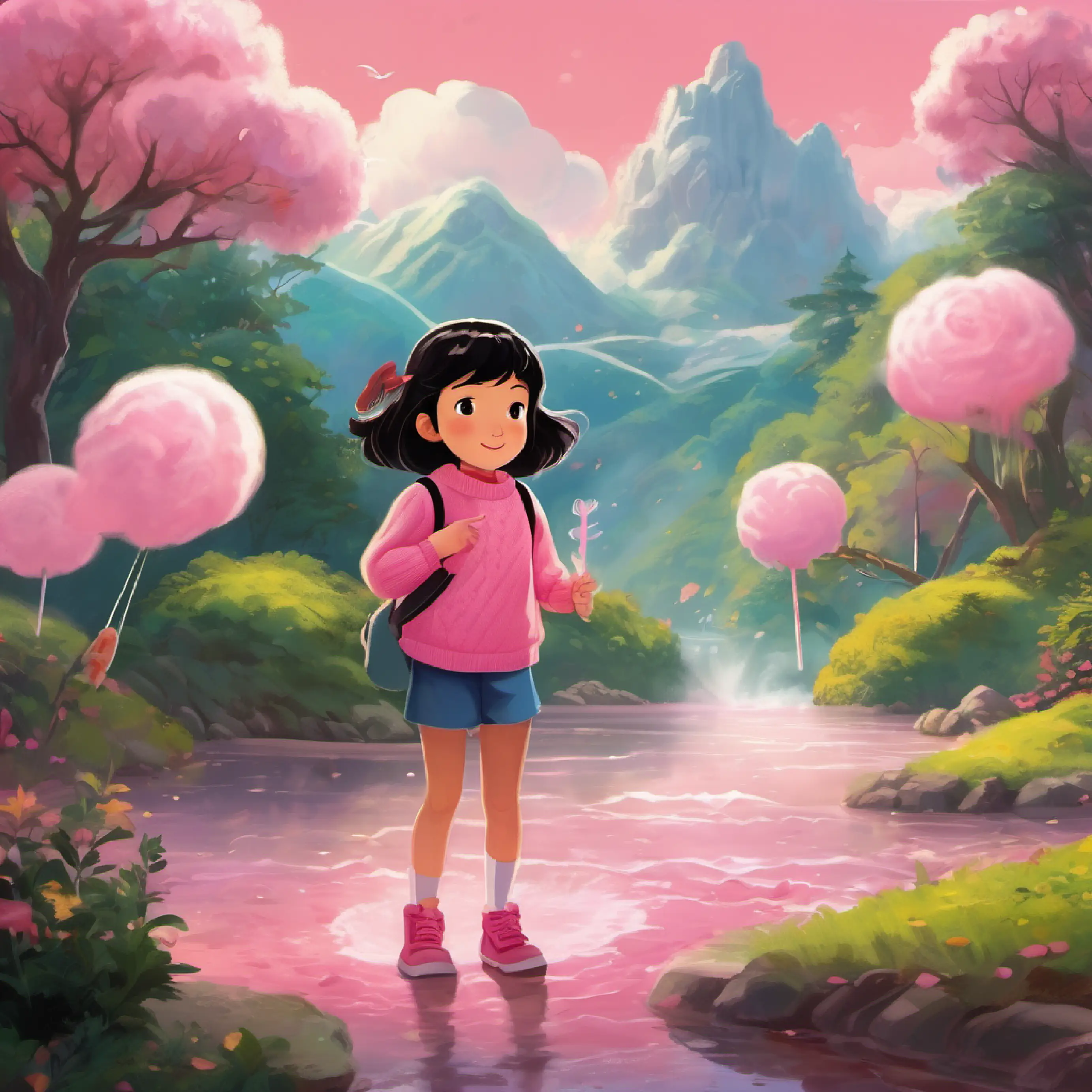 Cindy and Lulu gently landing on the cotton candy ground, which acts like a soft sponge cake. Around them are tall lollipop trees and rivers flowing with melted chocolate. A friendly dragon-shaped cotton candy cloud appears.