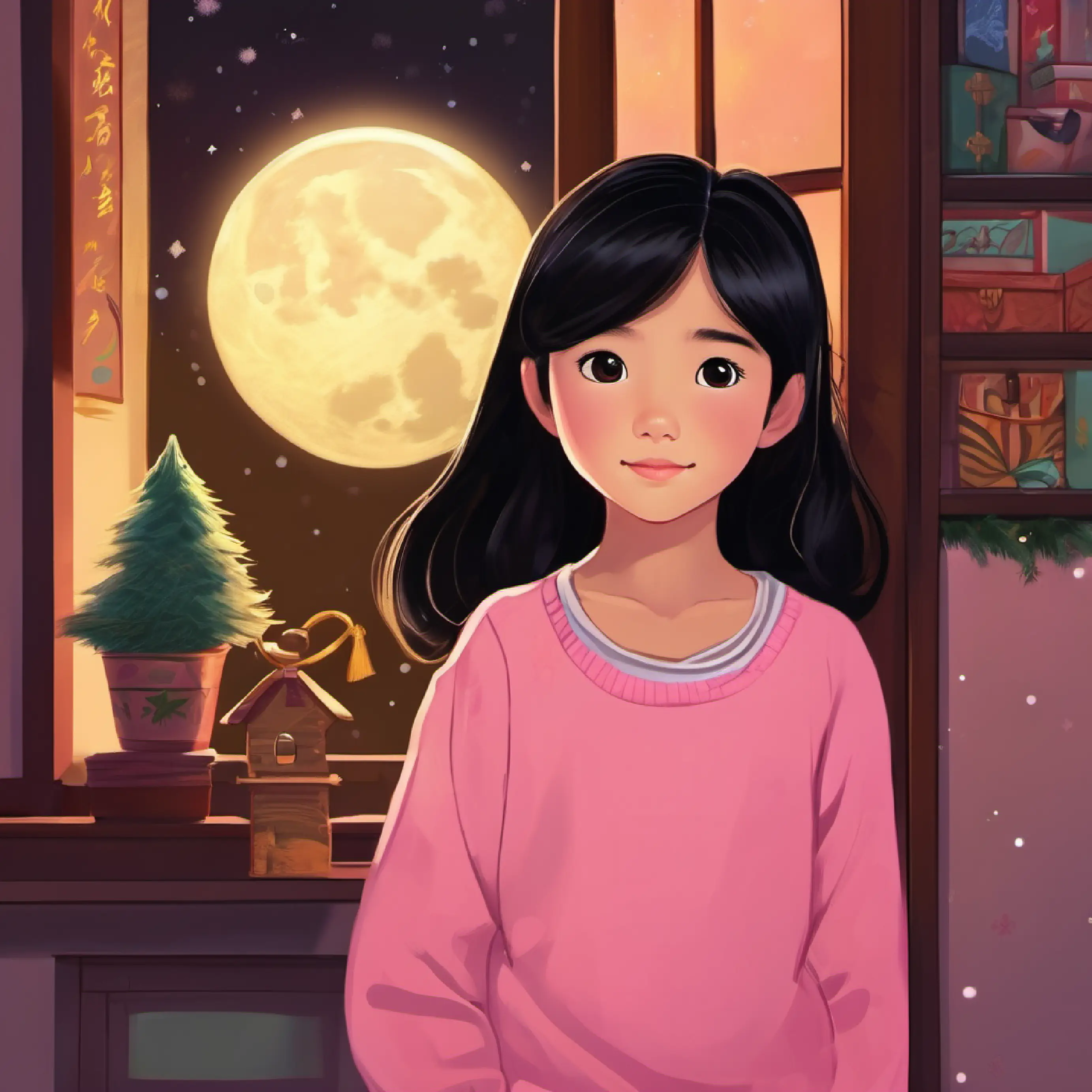 Cindy, with wide eyes, looking out of her bedroom window at the full moon shining brightly. Lulu, with twinkling eyes, seems to be whispering excitedly to Cindy about going on an adventure.