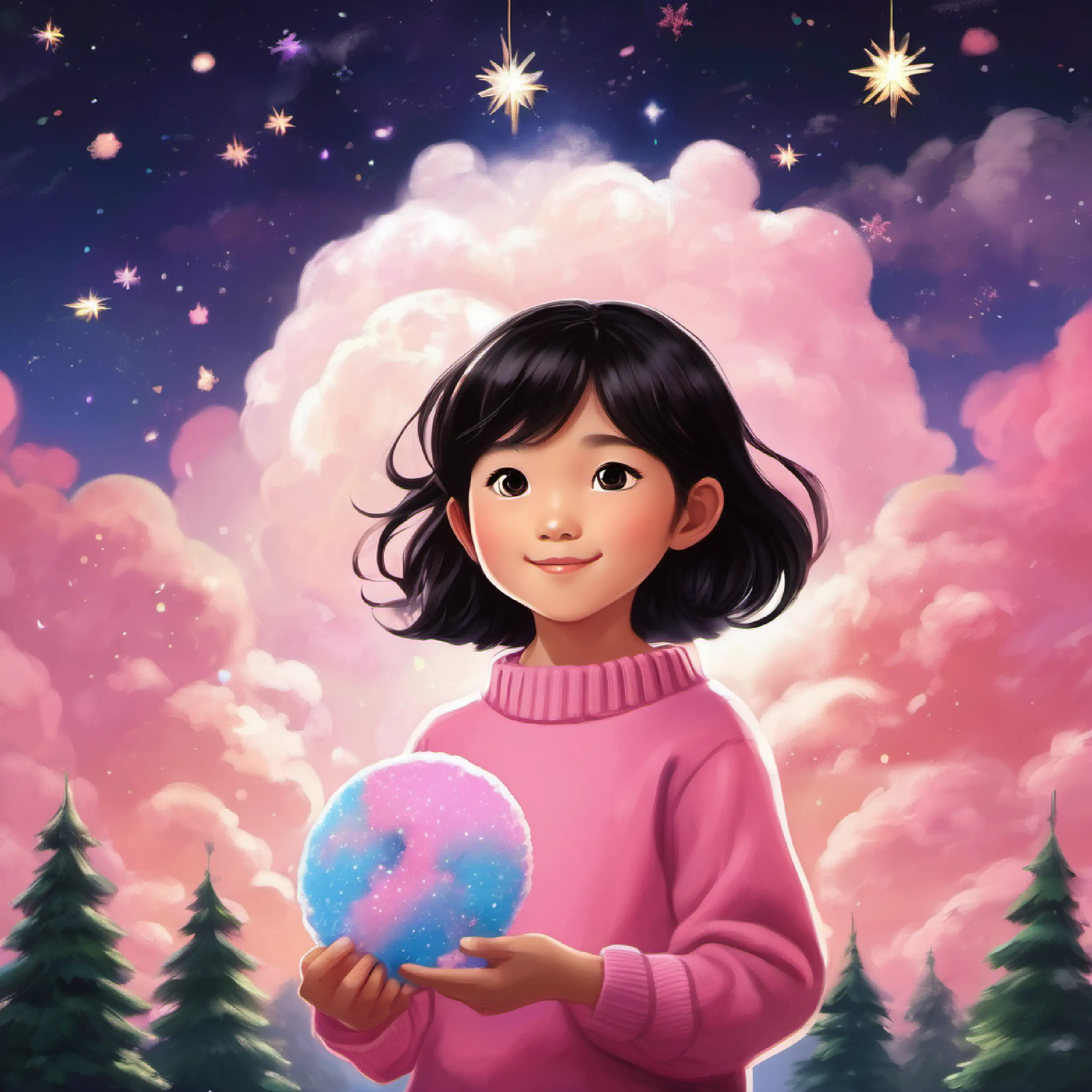 Cindy and Lulu floating high in the night sky surrounded by fluffy white clouds and shining stars. Below, a magical kingdom made of billowing cotton candy with forests of lollipop trees and rivers of melted chocolate.