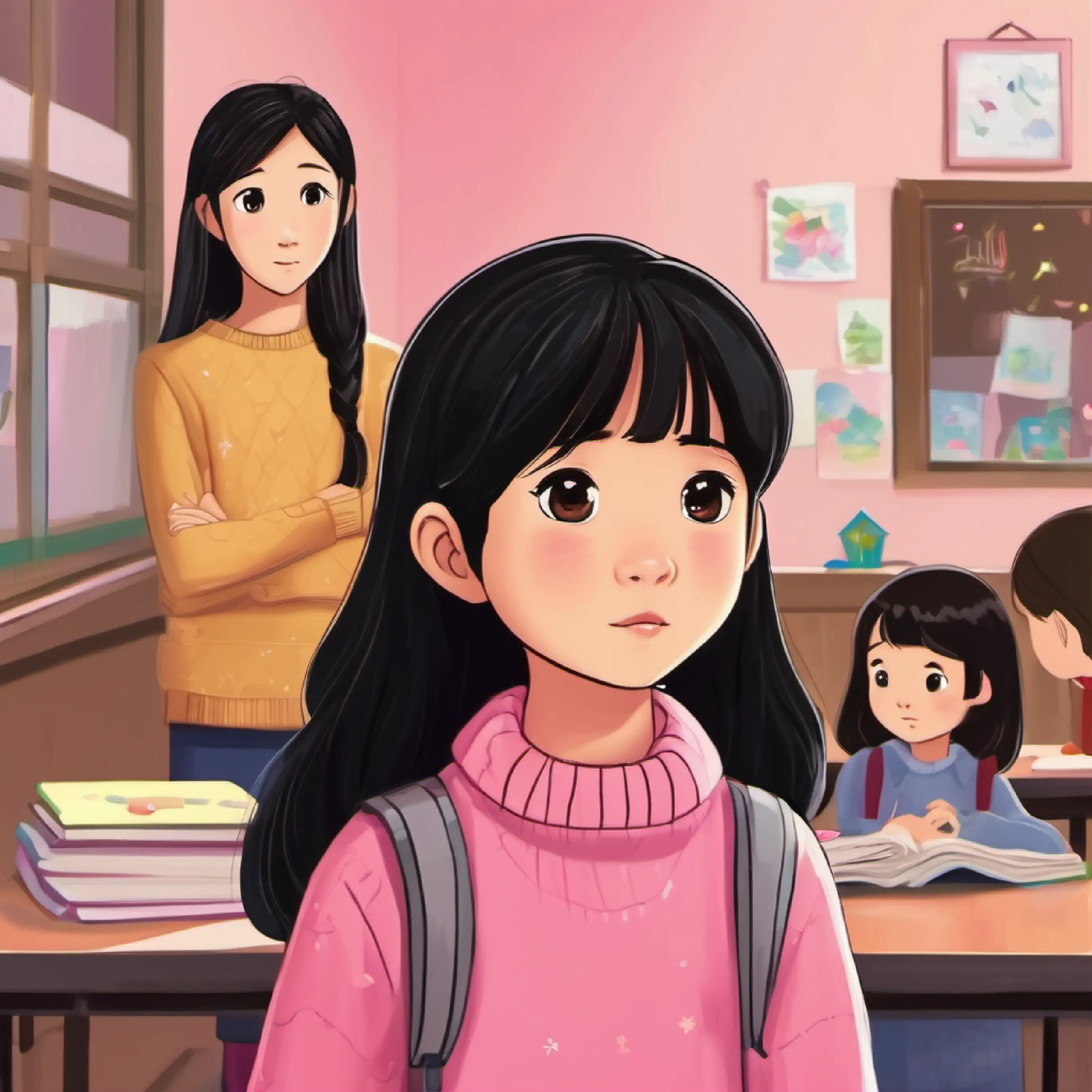 Cindy at school, noticing a crying student in the hallway. She approaches the girl with a comforting expression, lending a listening ear. Show the transformation from sadness to a smile as the girl realizes Cindy's kindness.