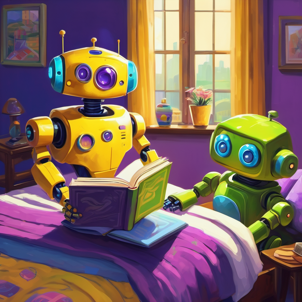 Yellow robot with big blue eyes and Purple robot with curious green eyes, two robots reading a book on their bed